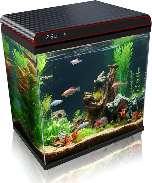 10 Gallon Glass Fish Tank Aquarium Starter Kit - Self-Cleaning with 3-Color LED Lights, Ultra-Quiet Pump & Filter, Smart Tempera
