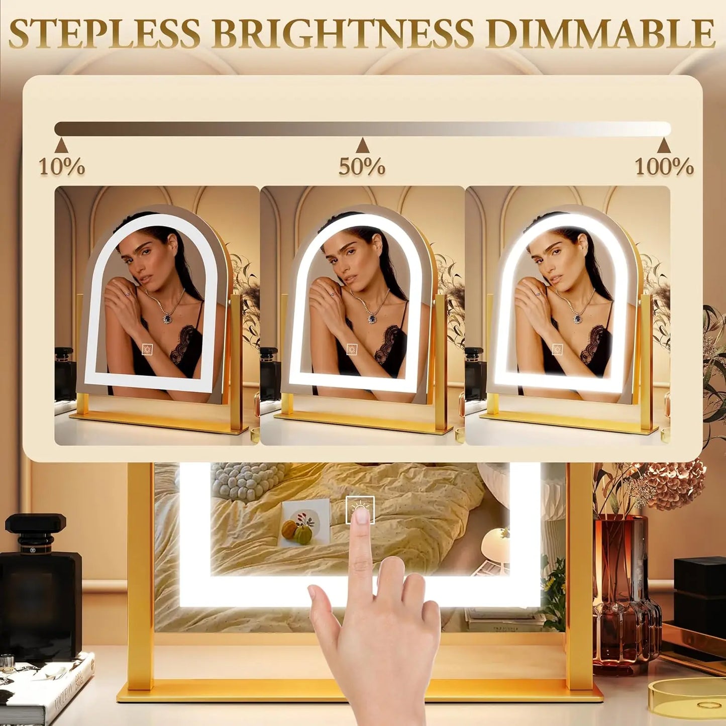 Light colored makeup mirror with 3-tone lighting, detachable 10x magnifying glass, 360 ° rotation, 15 inches x 13 inches (gold)