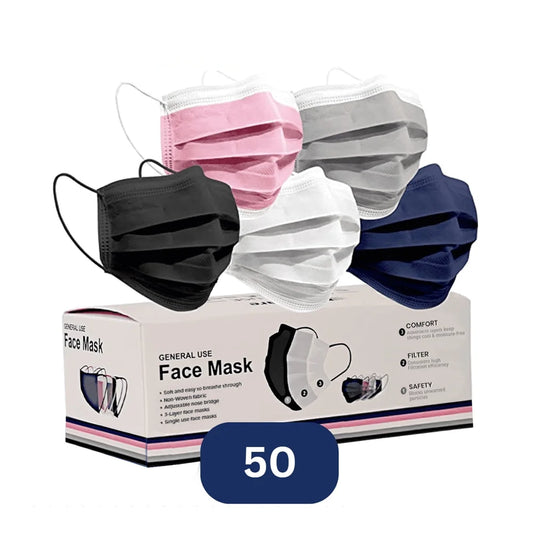 50 Protective Face Masks! 3 Breathable Layers, 5 Colorful Options for Adults. 10-Pack Variety Sets, Ideal for Everyday St