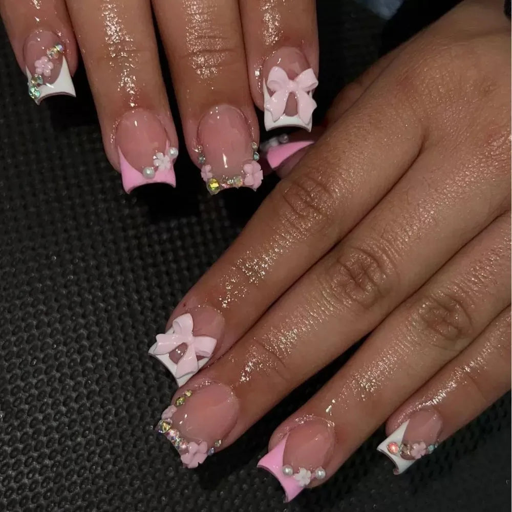 Best - Press on Nails Square Fake Nails Short False with 3D Bow Flower Charms Design Glossy Glue on Nails Full Cover Stick,24Pcs