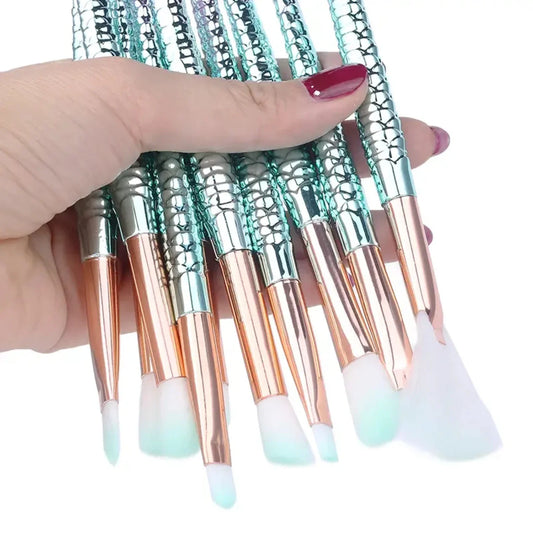 Gorgeous Makeup Brushes 10pcs Set - Essential Tool Kit for Cosmetics, Mermaid Highlighter, Foundation, Face, Eyeshadow, Lip - Pr
