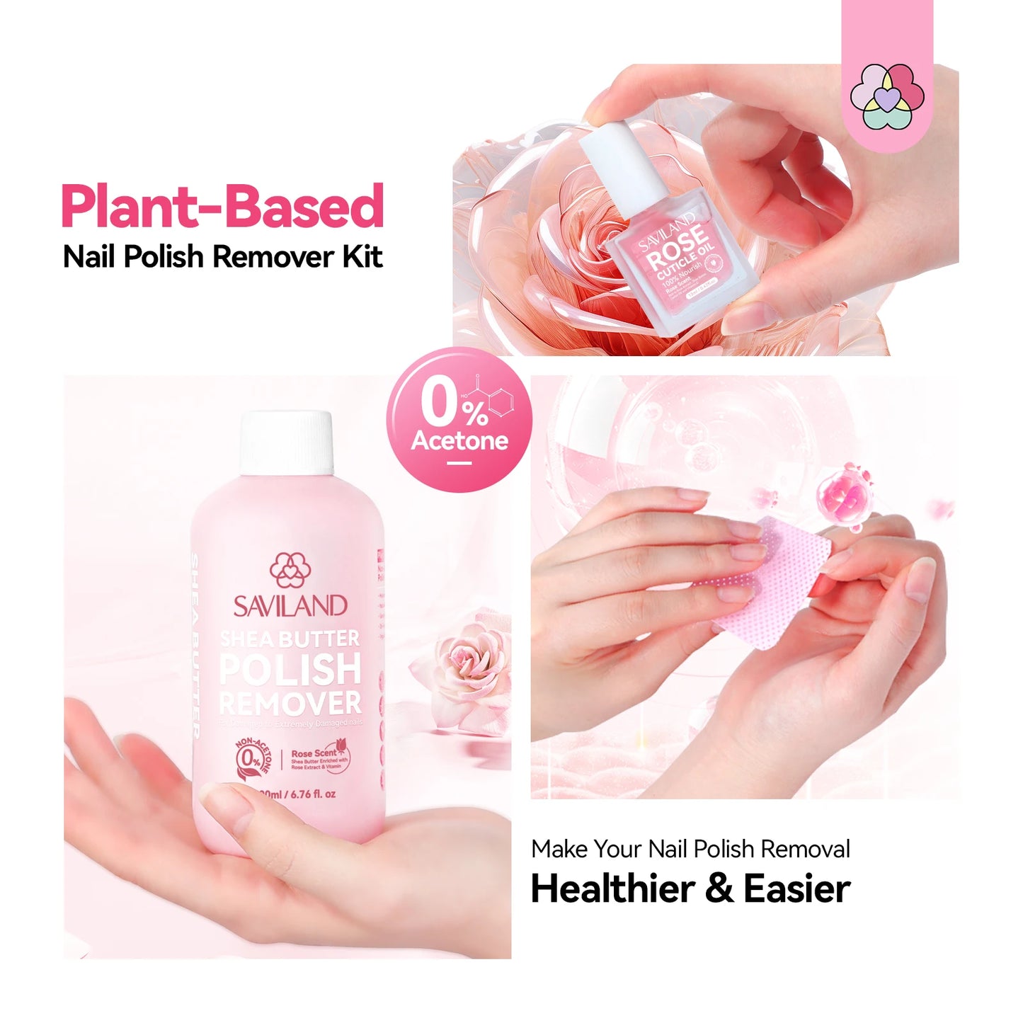 SAVILAND 200ml Nail Polish Remover Kit Fingernail Polish Remover Shea Butter Nail Remover with Castor Oil VE Cuticle Oil