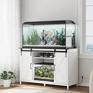 Farmhouse 55-75 Gallon Fish Tank Stand with Power Outlet, Aquarium Stand with Storage Cabinet and Sliding Barn Door, Heavy Duty