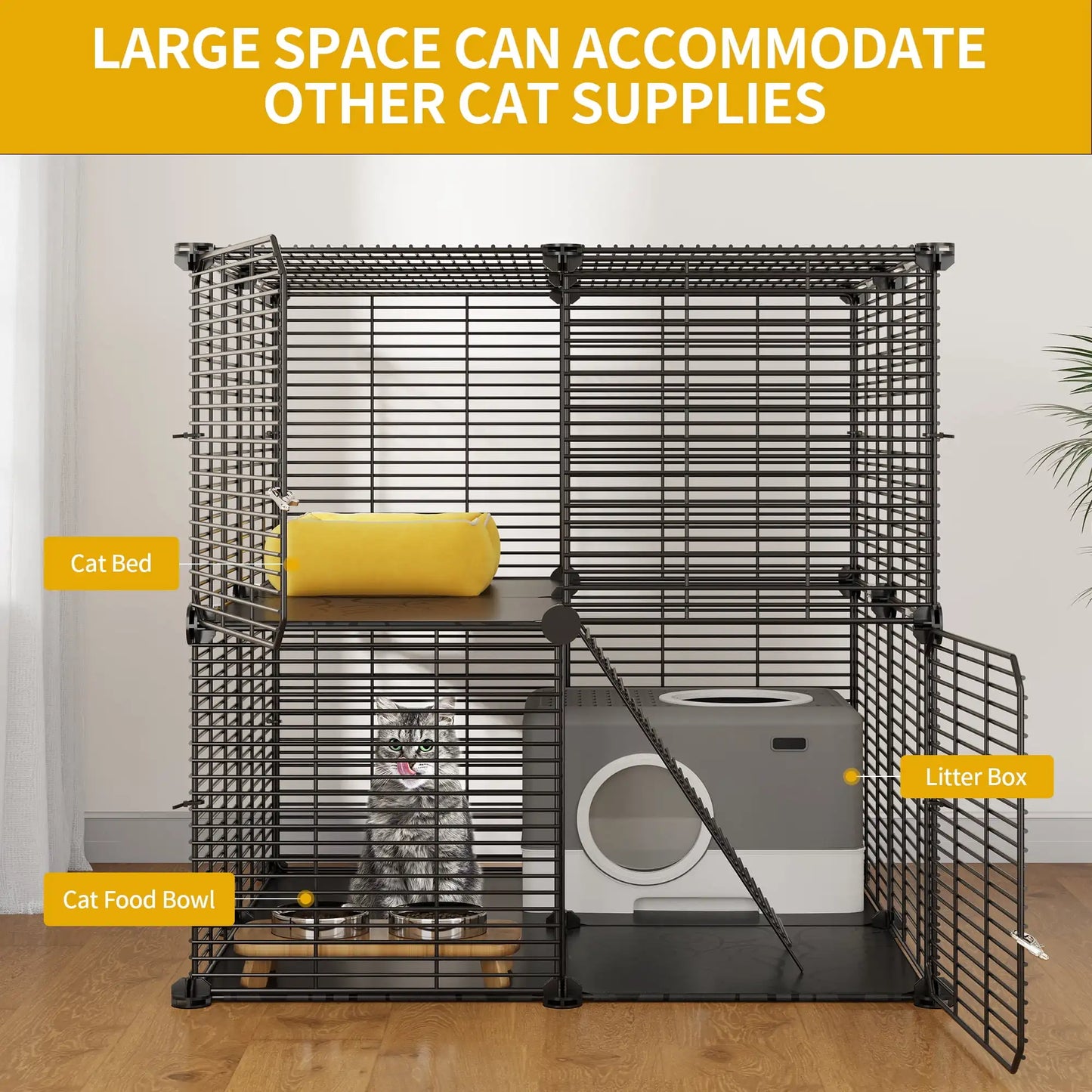 Cat Cage 2 Tier Indoor Cat Enclosure Kitten Cage DIY Pet Playpen Metal Kennel for 1 to 2 Cats Ferret Chinchilla Rabbit