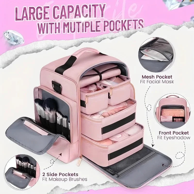 Large Travel Makeup Bag Organizer With 4 Removable Cases