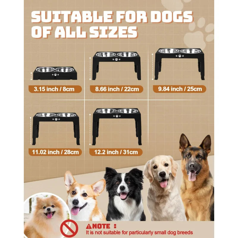 Adjustable Elevated Dog Bowl Stand with Three Stainless Steel Bowls Slow Feeder Non Slip Feet Dishwasher Safe for Medium Large Dogs