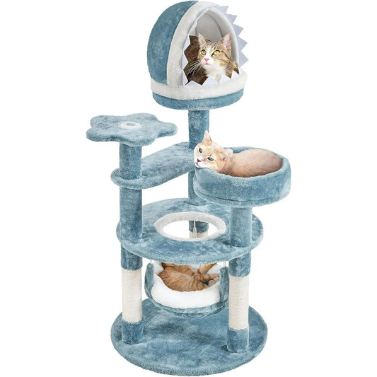 Cat Tree Multi Level Cat Tower Plush Furniture with Shark Mouth Shaped Nest Sea Star Shaped Perch Jellyfish Style Hammock