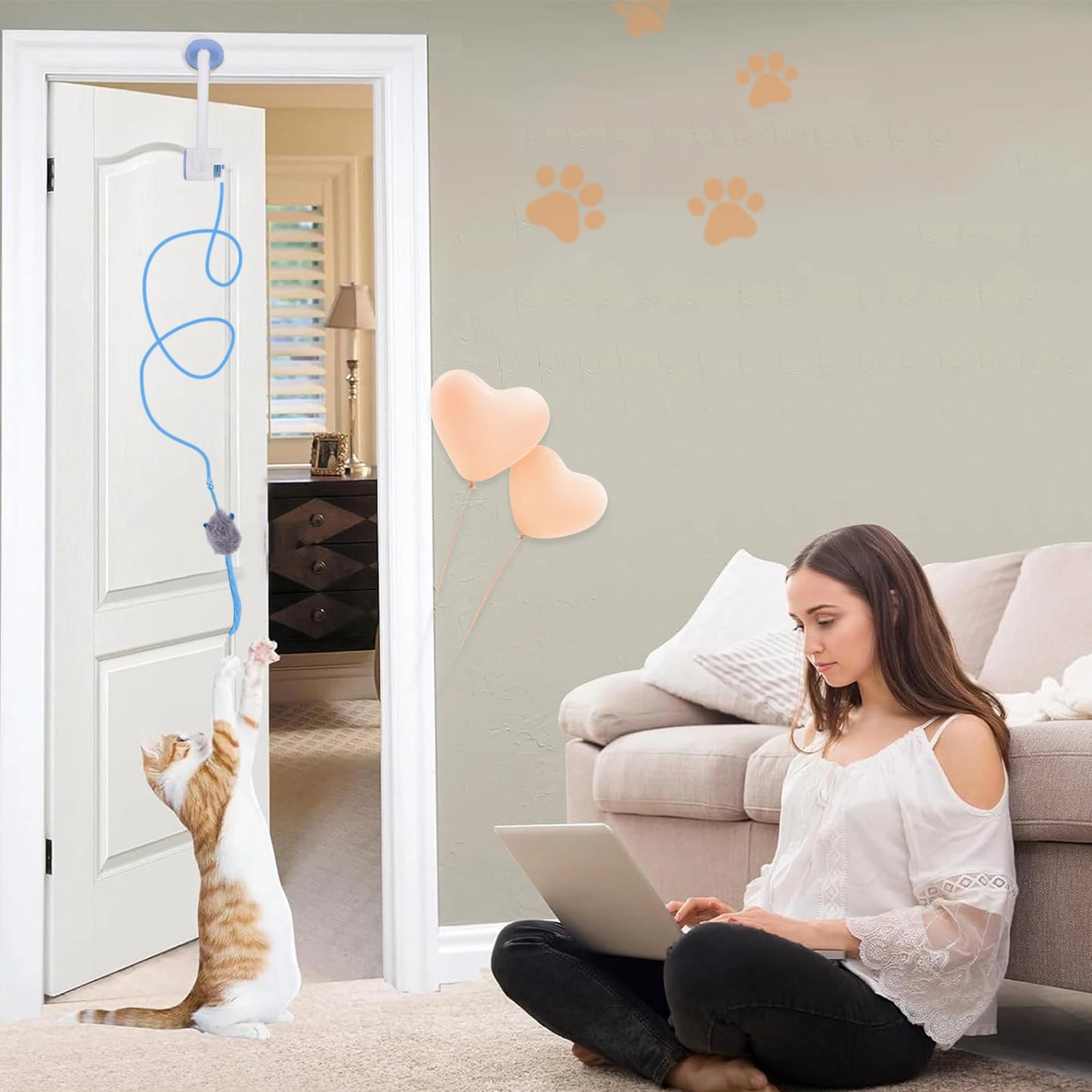 Teaser Electronic Self Play Feather Cat String Toy with 3 Catnip Mice Independent Play Hanging Door Cat Toys for Indoor Cats