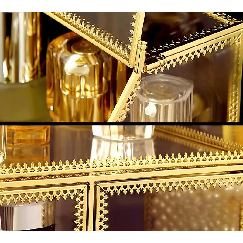 Large Glass Makeup Organizer Drawer Set Beauty Storage Bathroom Counter Organizer Cosmetic Display with Pearl (16in)