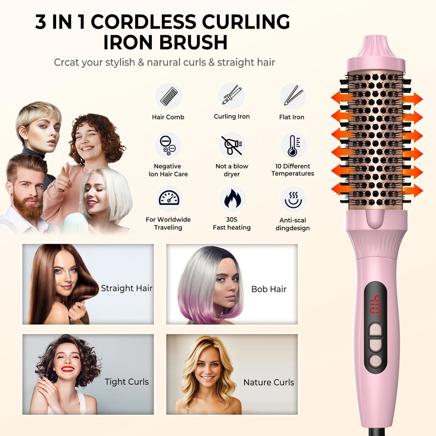 Thermal One Step Hot Air Brush Volumizer Hair Curler Pink