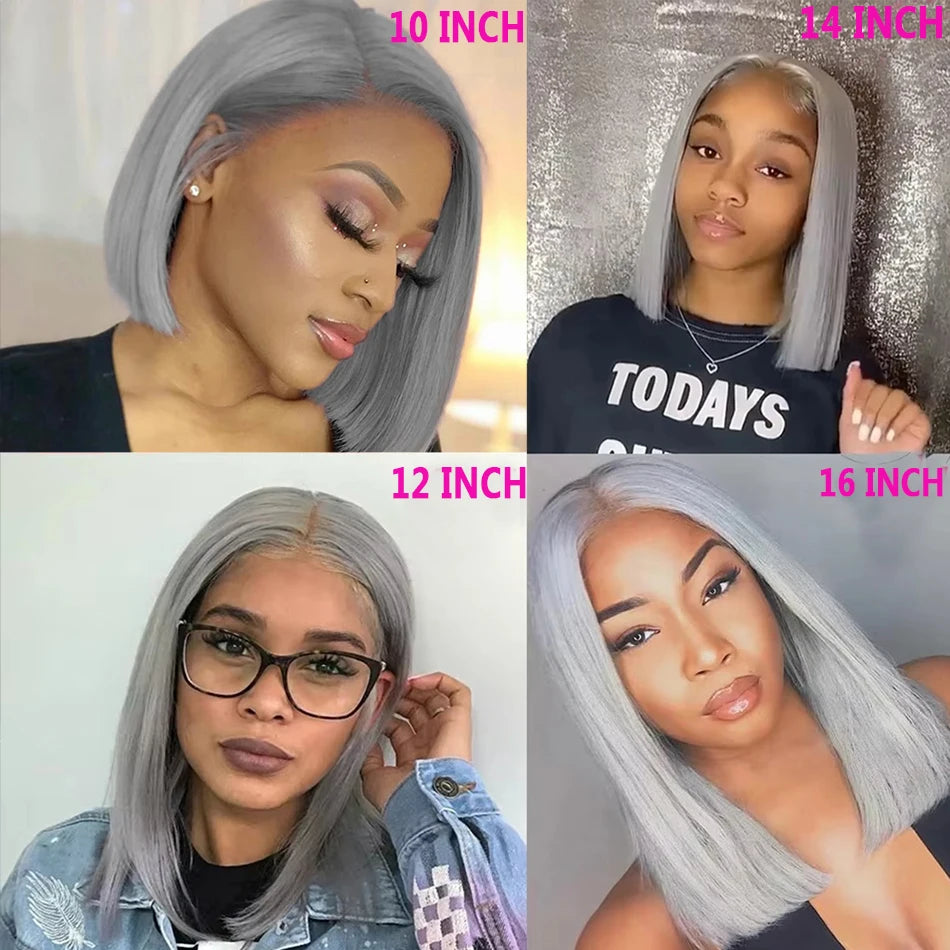 Grey Bob Lace Front Human Hair Wig 13x4 10 12 14 Inches