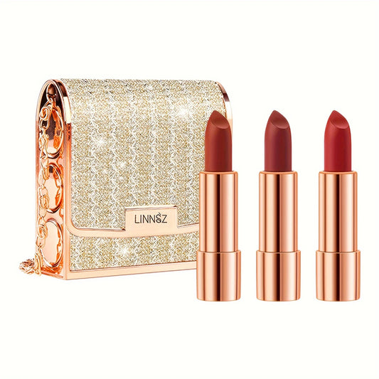 3 Colors Matte Lipstick Set Lip Stick with Sliver Chain Bag Package Non-Stick Cup Long Retractable Red Lipstick Set 3.5gx3