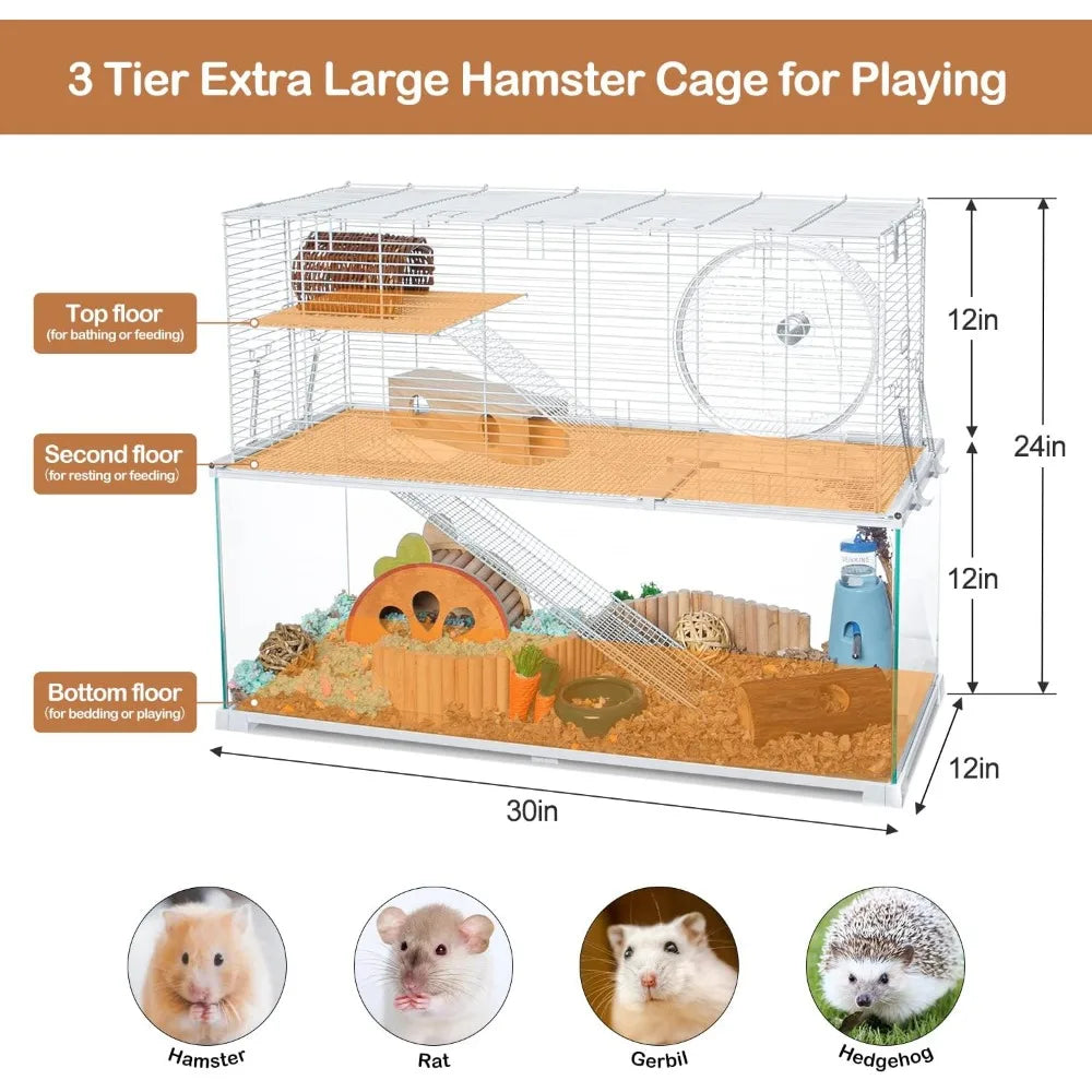 Oiibo 3 Tier Large Hamster Cage Glass Habitat With Ladders