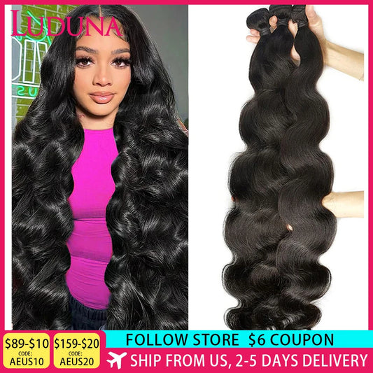 Luduna Body Wave Bundles Human Hair Brazilian Hair Weave Bundles 1/3/4 Bundle Deals Human Hair Extensions Natural & Jet Black